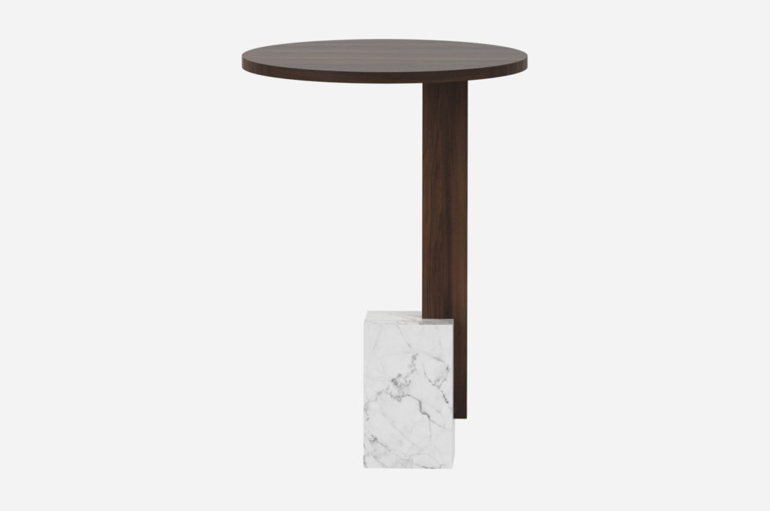 Projekt okrągłego stolika z drewna i marmuru.