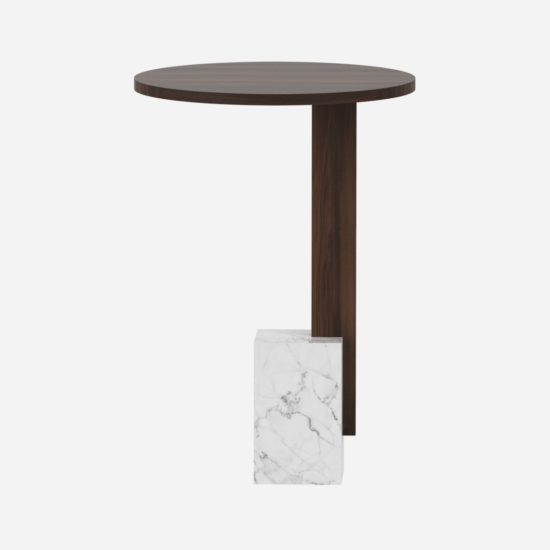 Projekt okrągłego stolika z drewna i marmuru.